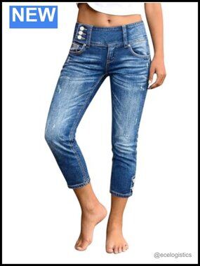 Mid Waist Skinny Crop Jeans with Button Decor